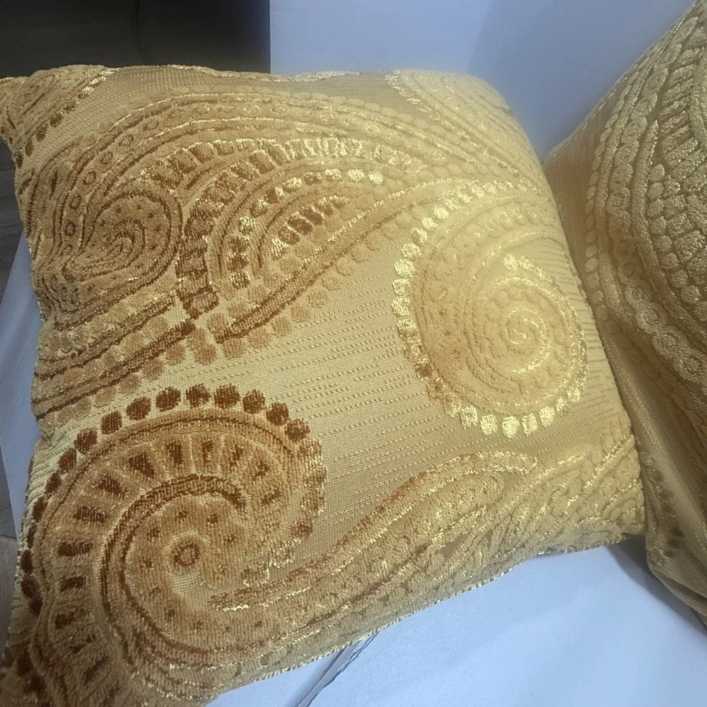 Pier 1 Imports Gold Velvet Paisley Throw Pillows Set of 2 Square 17in Accent